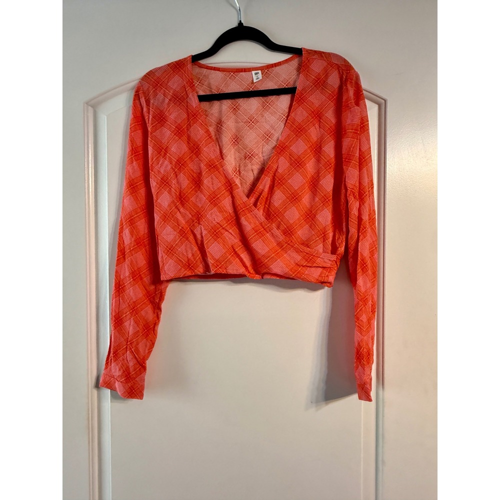 BP. Plaid Wrap Front Top Size M Orange Pink Cropped Long Sleeve Boho Festival